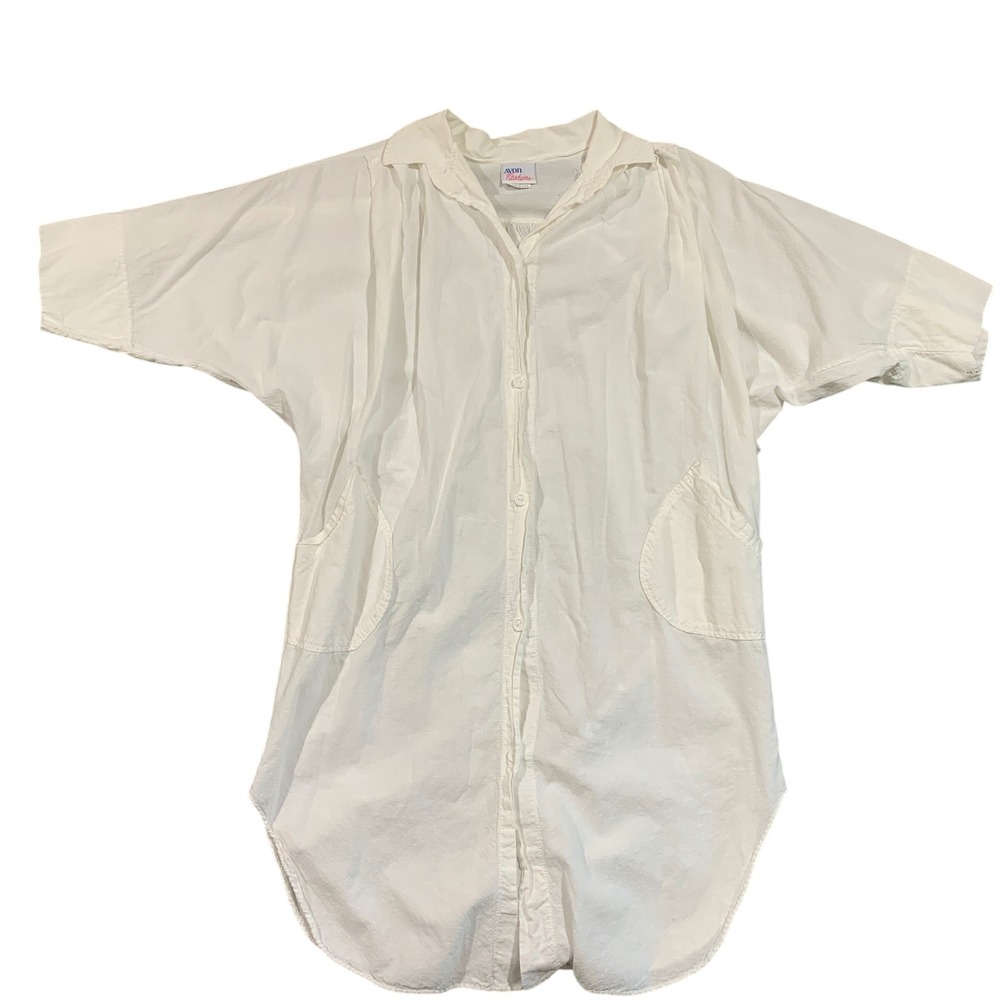 Avon Fashions Made in USA Vintage White Cotton Tunic Shirt Dress XS Button Front